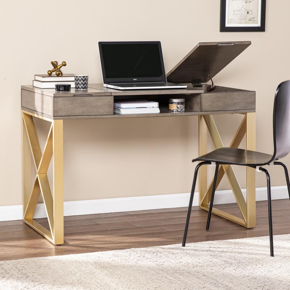 Modern Gray and Gold Writing Desk with Storage. Picture 2