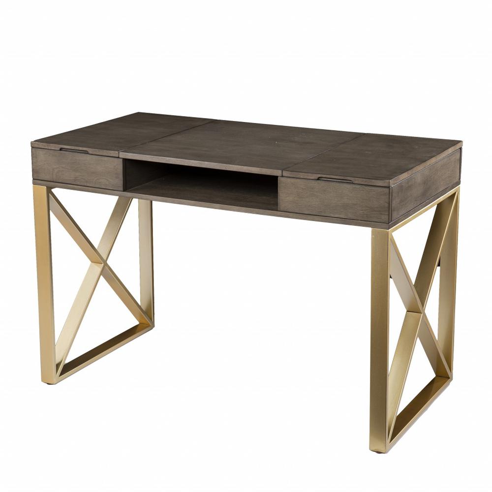 Modern Gray and Gold Writing Desk with Storage. Picture 4