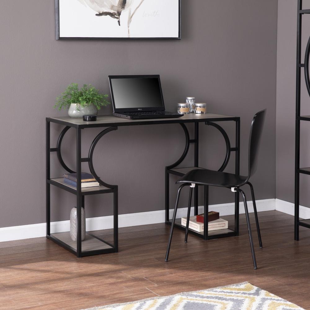 Wood and Iron Writing Desk with Storage. Picture 1