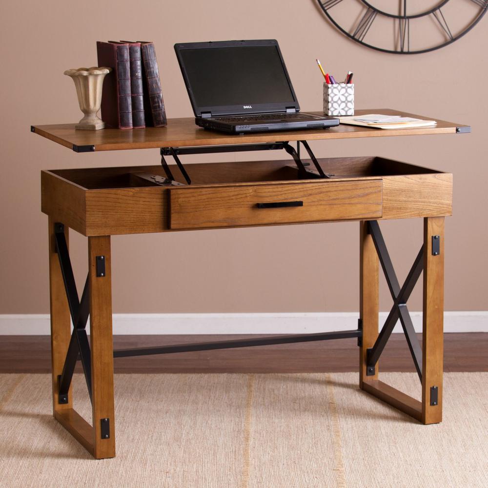 Natural Brown Adjustable Height Desk. Picture 4