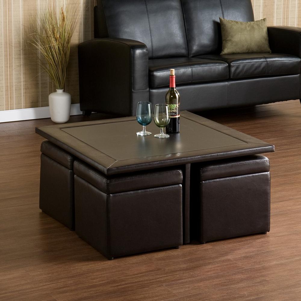 Five Piece Dark Brown Faux Leather Coffee Table and Storage Ottoman Set. Picture 1