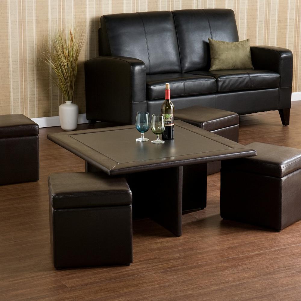 Five Piece Dark Brown Faux Leather Coffee Table and Storage Ottoman Set. Picture 2