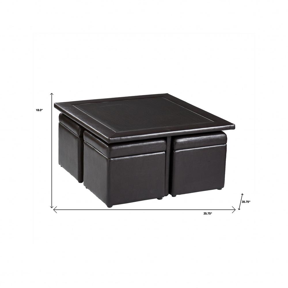 Five Piece Dark Brown Faux Leather Coffee Table and Storage Ottoman Set. Picture 8