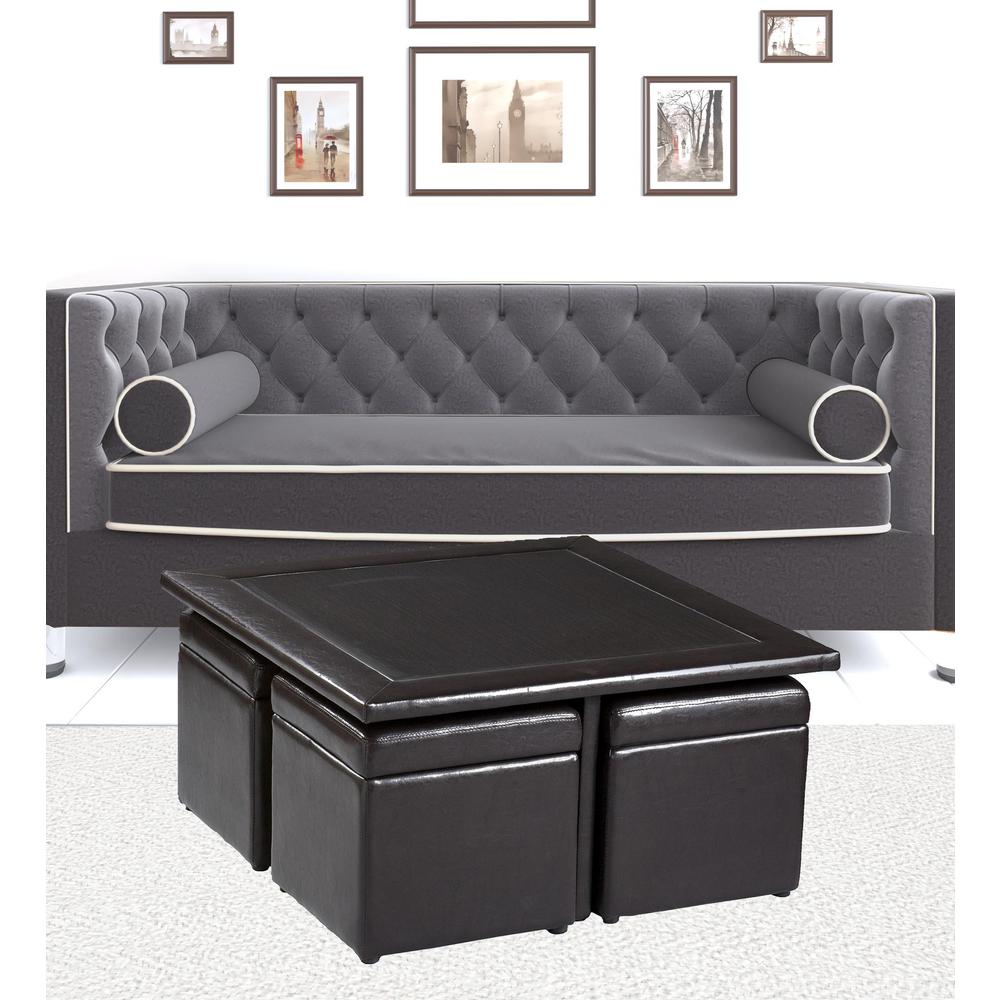 Five Piece Dark Brown Faux Leather Coffee Table and Storage Ottoman Set. Picture 9