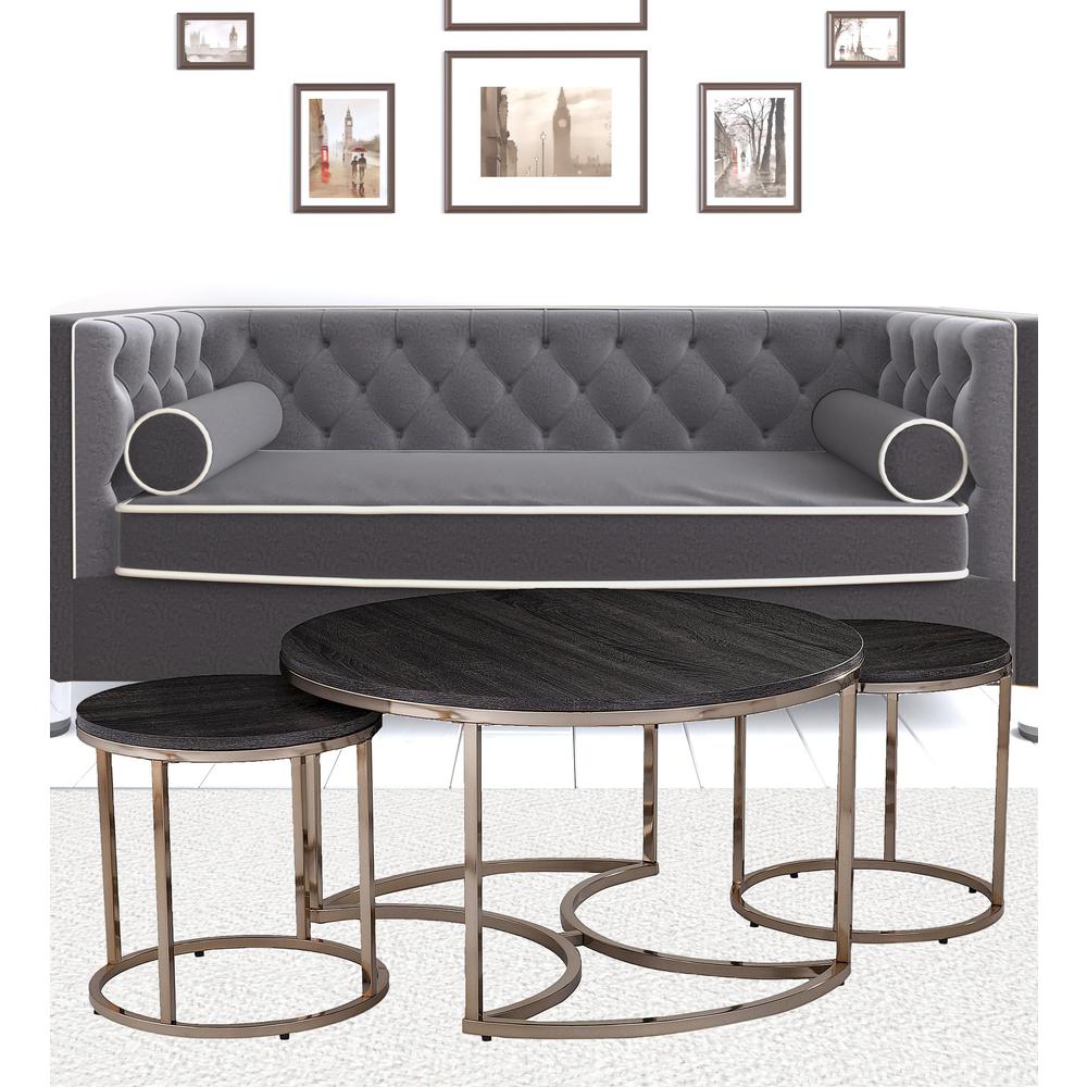 Set of Three Champagne And Charcoal Manufactured Wood And Metal Nesting Round Coffee Tables. Picture 2