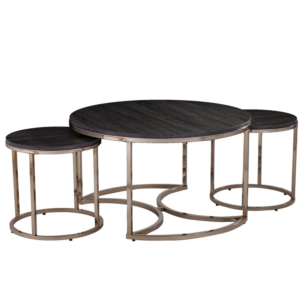 Set of Three Champagne And Charcoal Manufactured Wood And Metal Nesting Round Coffee Tables. Picture 5