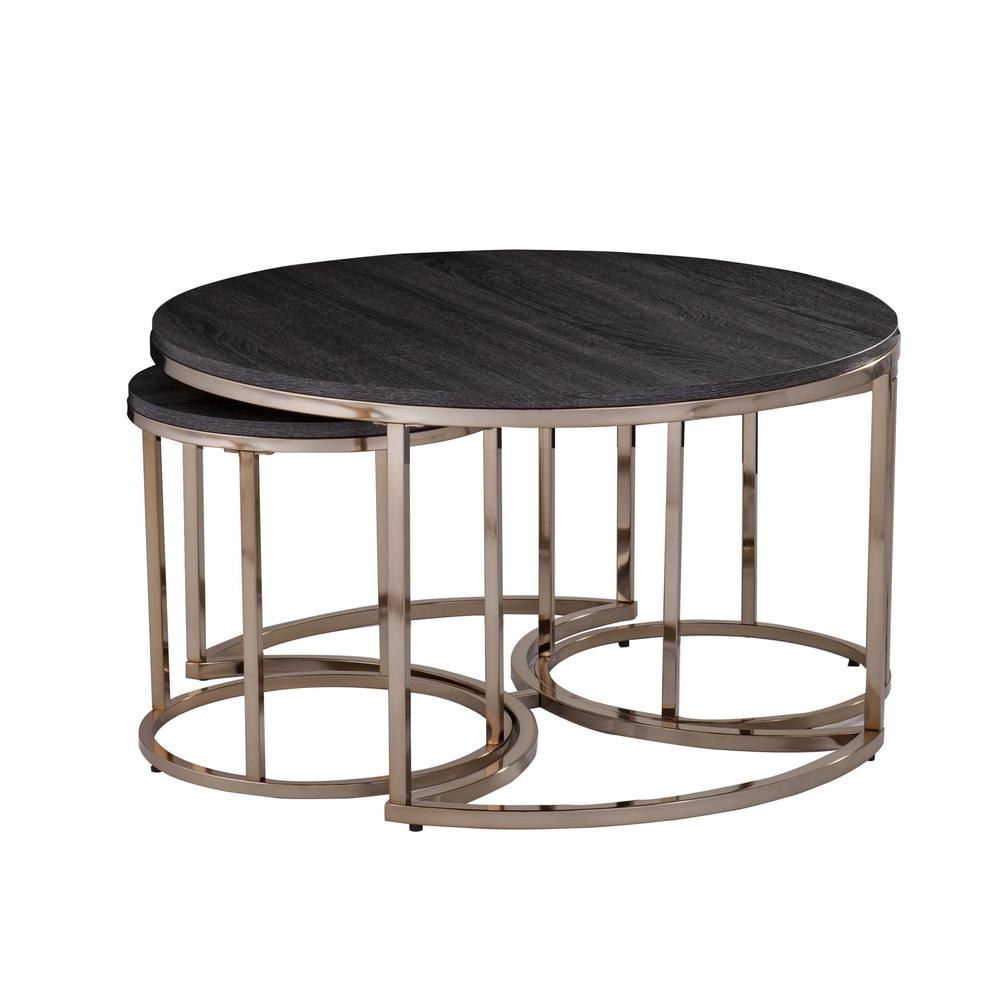 Set of Three Champagne And Charcoal Manufactured Wood And Metal Nesting Round Coffee Tables. Picture 8