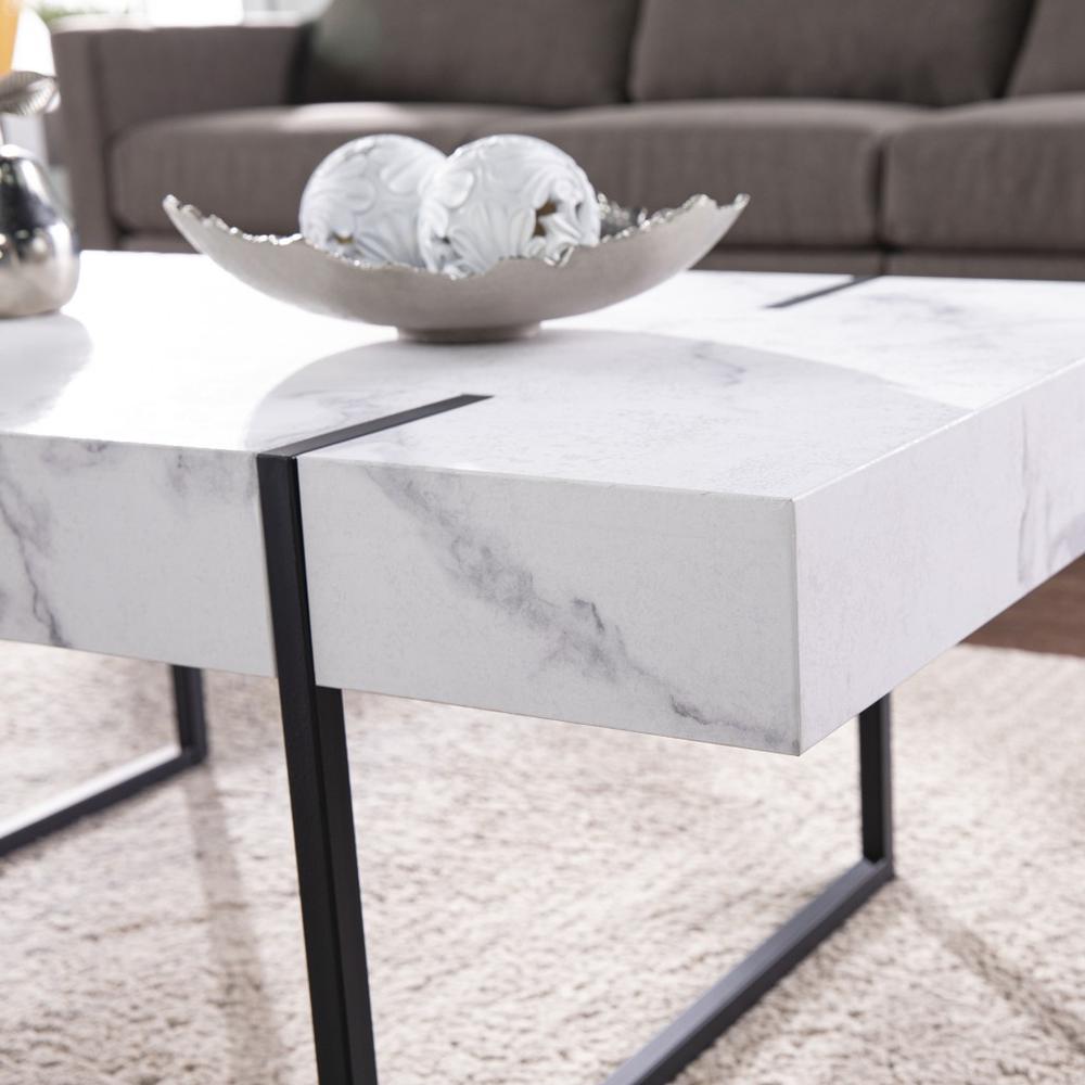 43" White Faux Marble And Metal Rectangular Coffee Table. Picture 1
