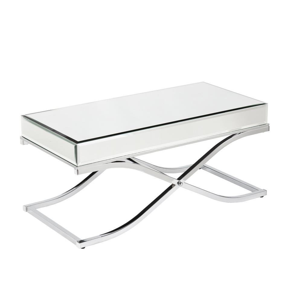 42" Silver Mirrored And Metal Rectangular Mirrored Coffee Table for reception. Picture 1