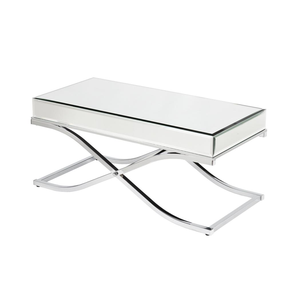 42" Silver Mirrored And Metal Rectangular Mirrored Coffee Table for reception. Picture 2
