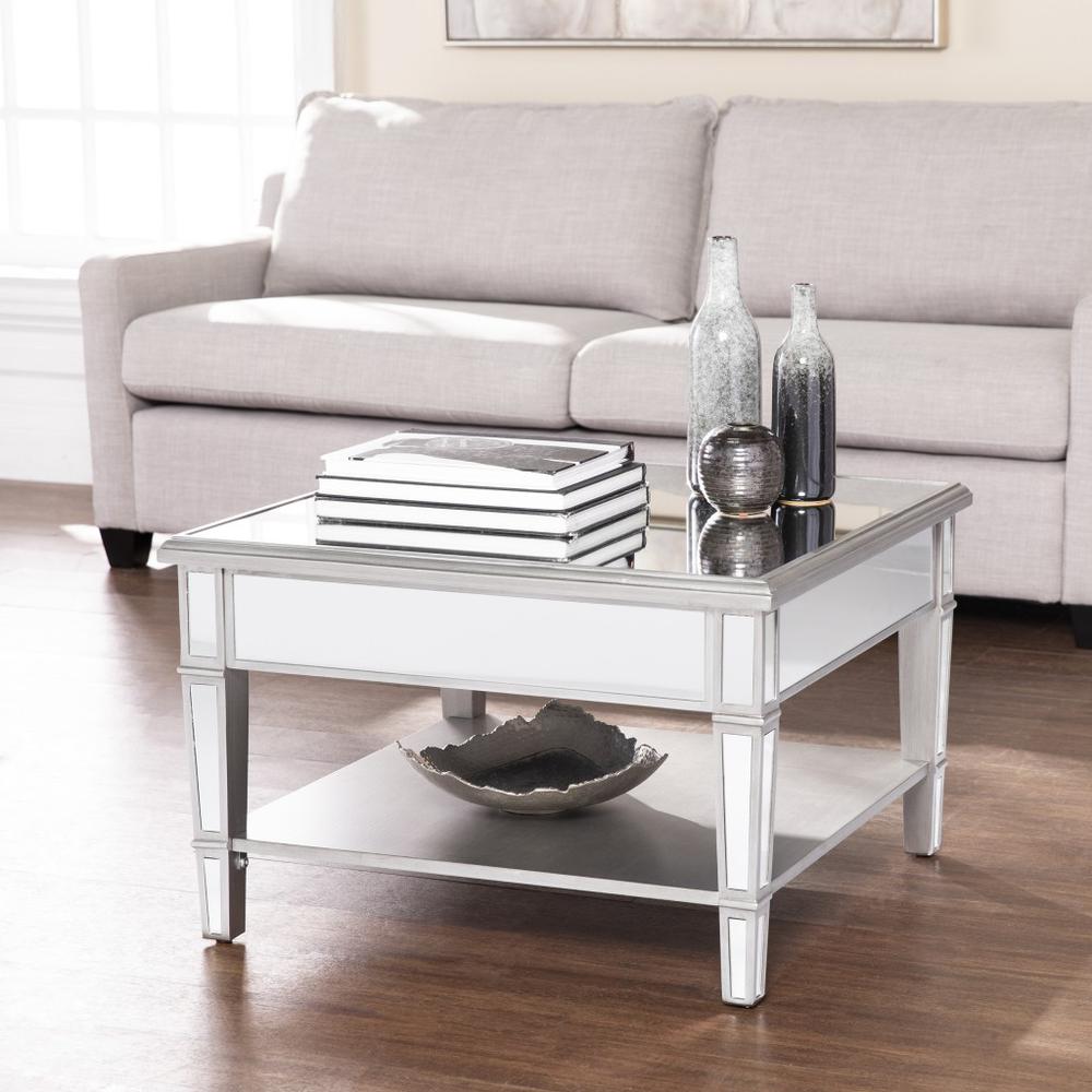 29" Silver Mirrored Glass Square Coffee Table. Picture 1