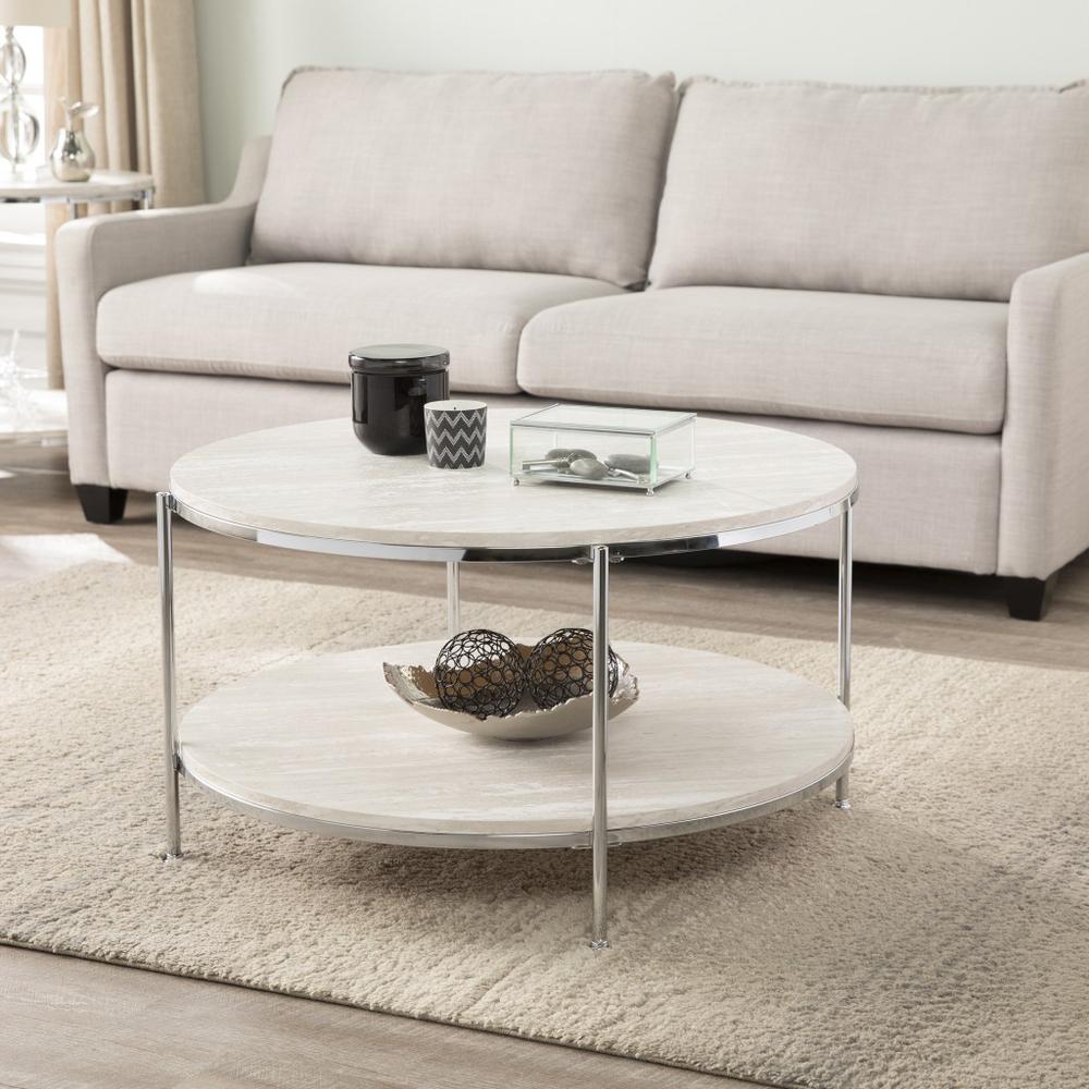 33" Chrome Faux Marble And Metal Round Coffee Table. Picture 1