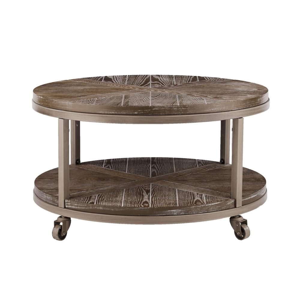 32" Brown Rustic and Distressed Round Two Tier Rolling Coffee Table. Picture 3