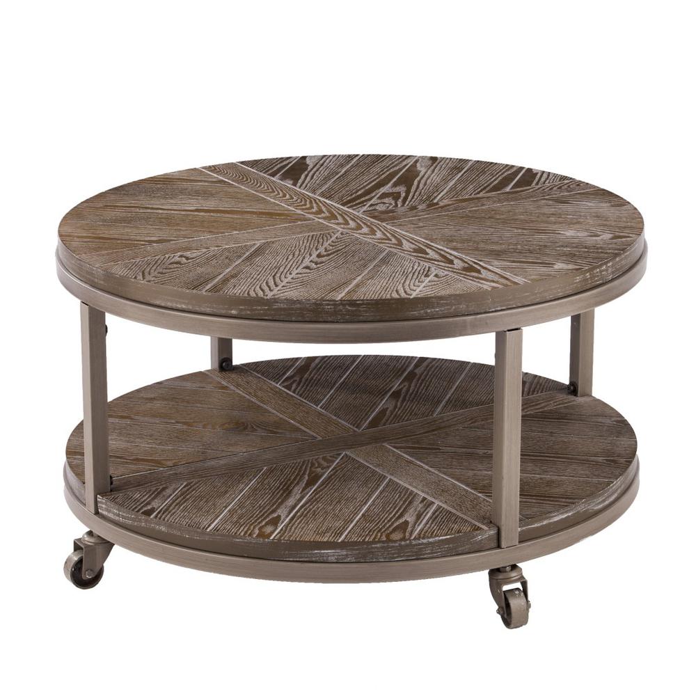 32" Brown Rustic and Distressed Round Two Tier Rolling Coffee Table. Picture 4