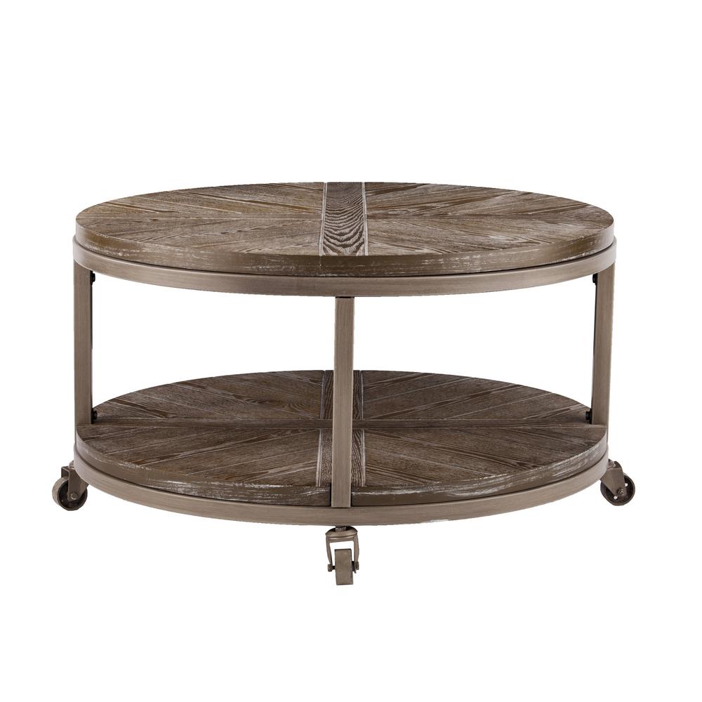 32" Brown Rustic and Distressed Round Two Tier Rolling Coffee Table. Picture 5