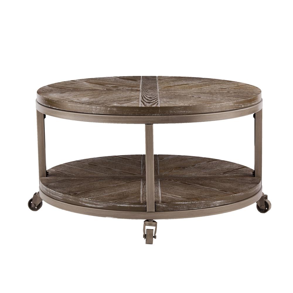 32" Brown Rustic and Distressed Round Two Tier Rolling Coffee Table. Picture 6