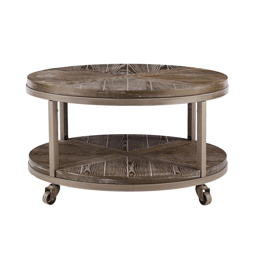 32" Brown Rustic and Distressed Round Two Tier Rolling Coffee Table. Picture 7