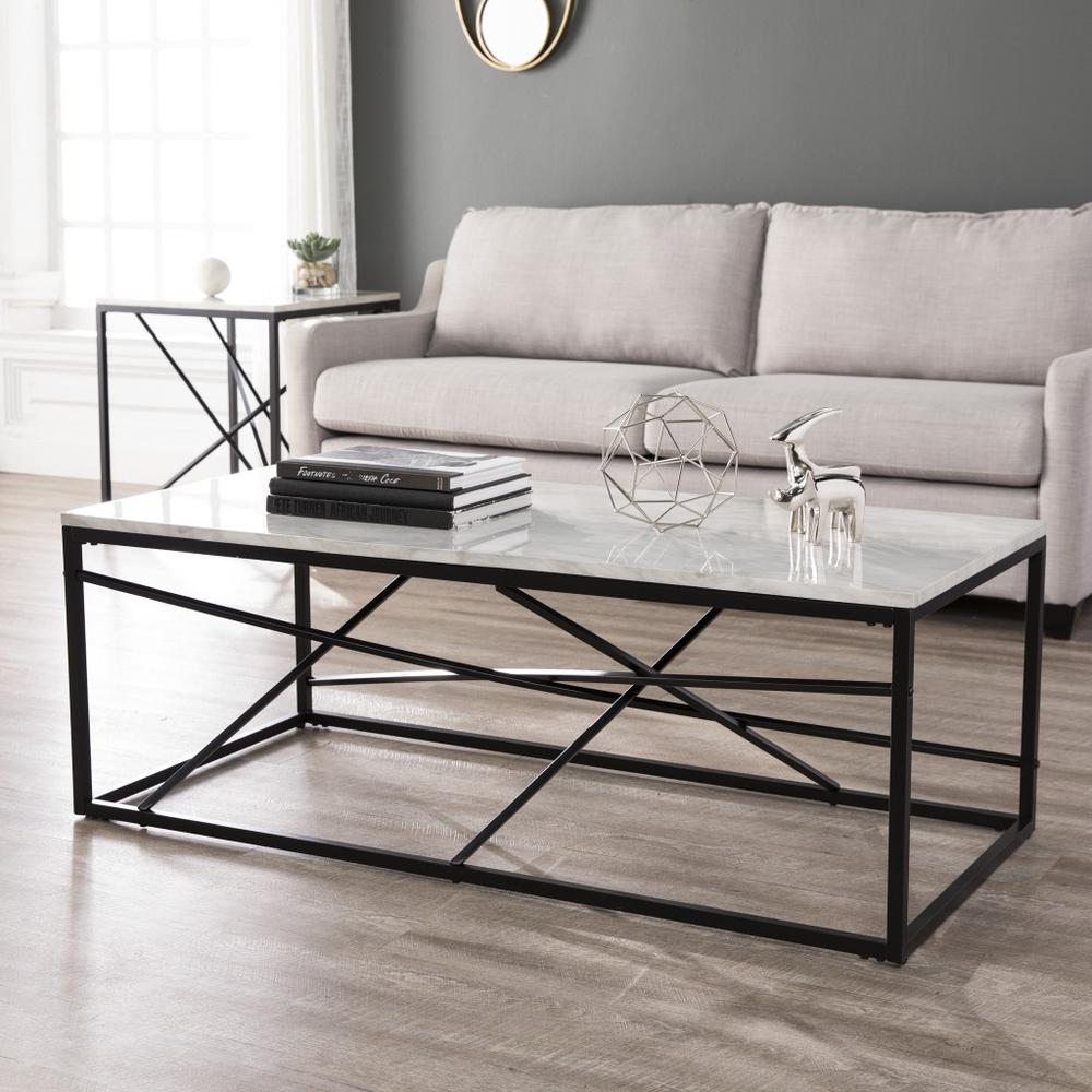 50" Black And White Faux Marble and Metal Geo Rectangular Coffee Table. Picture 1