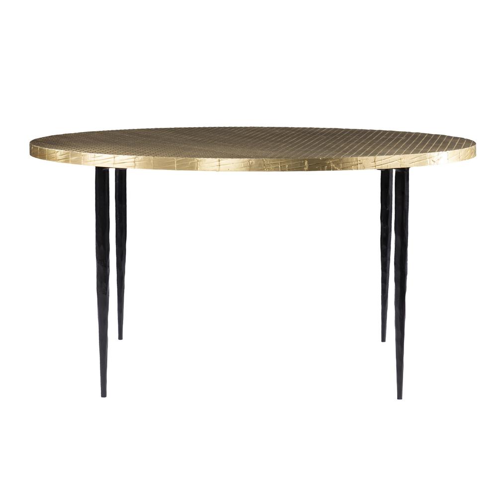 34" Black And Gold Embossed Metal Round Coffee Table. Picture 2