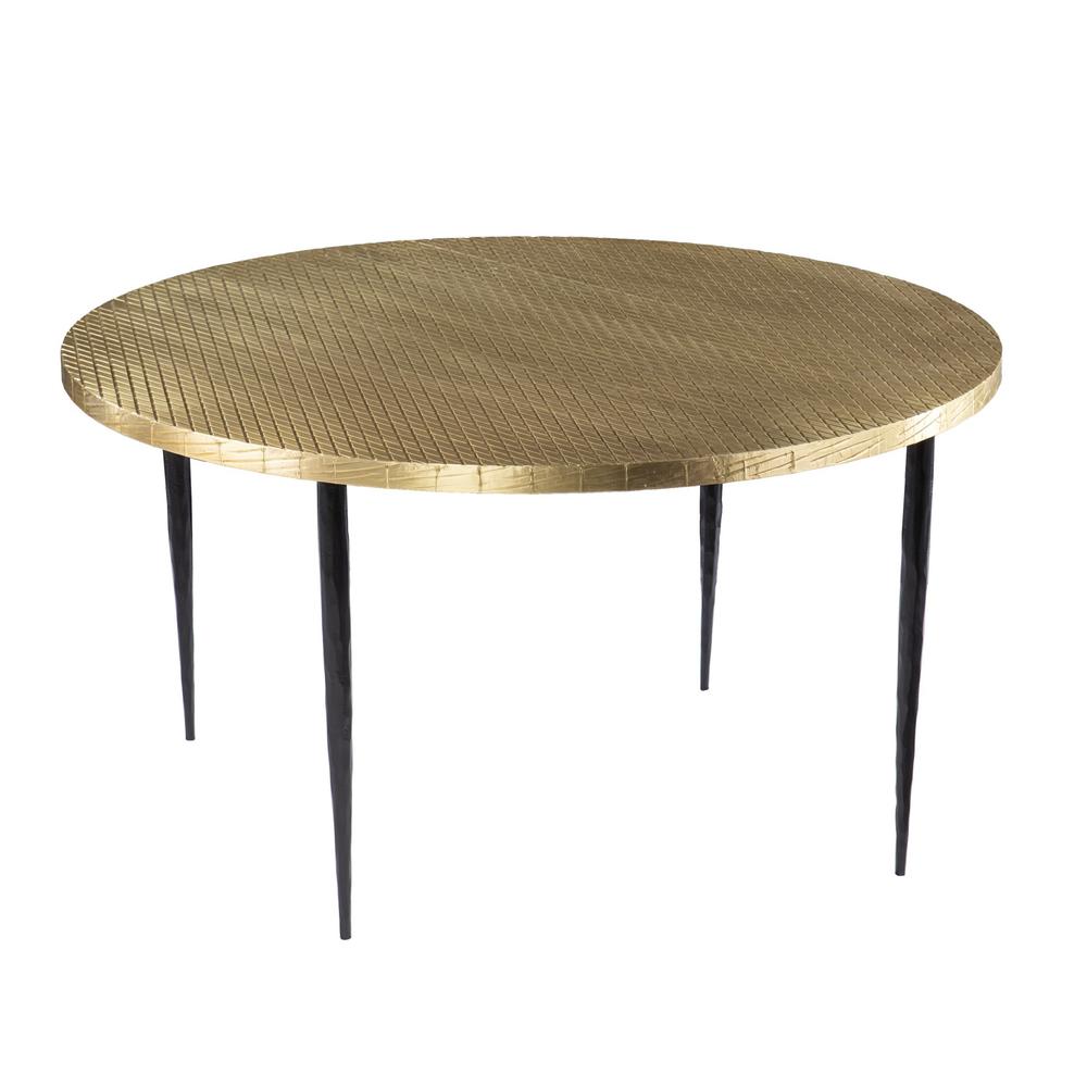 34" Black And Gold Embossed Metal Round Coffee Table. Picture 3