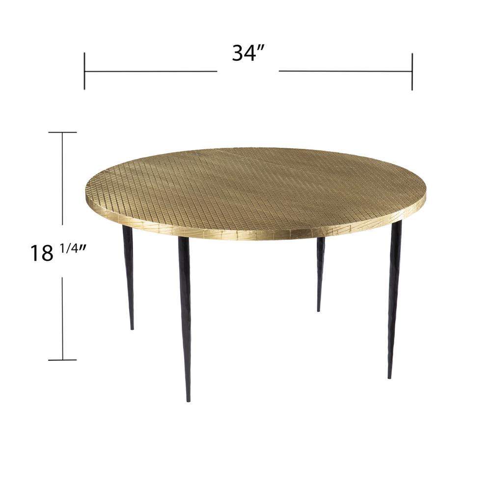 34" Black And Gold Embossed Metal Round Coffee Table. Picture 6