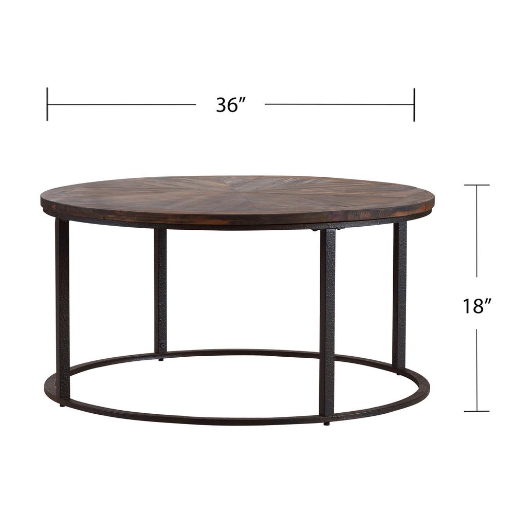 36" Natural And Brown Reclaimed Wood And Metal Round Coffee Table. Picture 5
