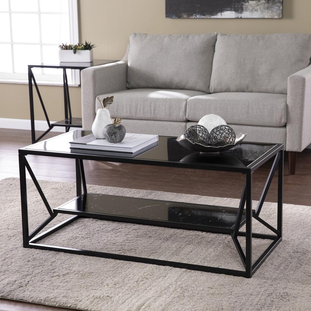 42" Black Glass And Metal Rectangular Coffee Table. Picture 7