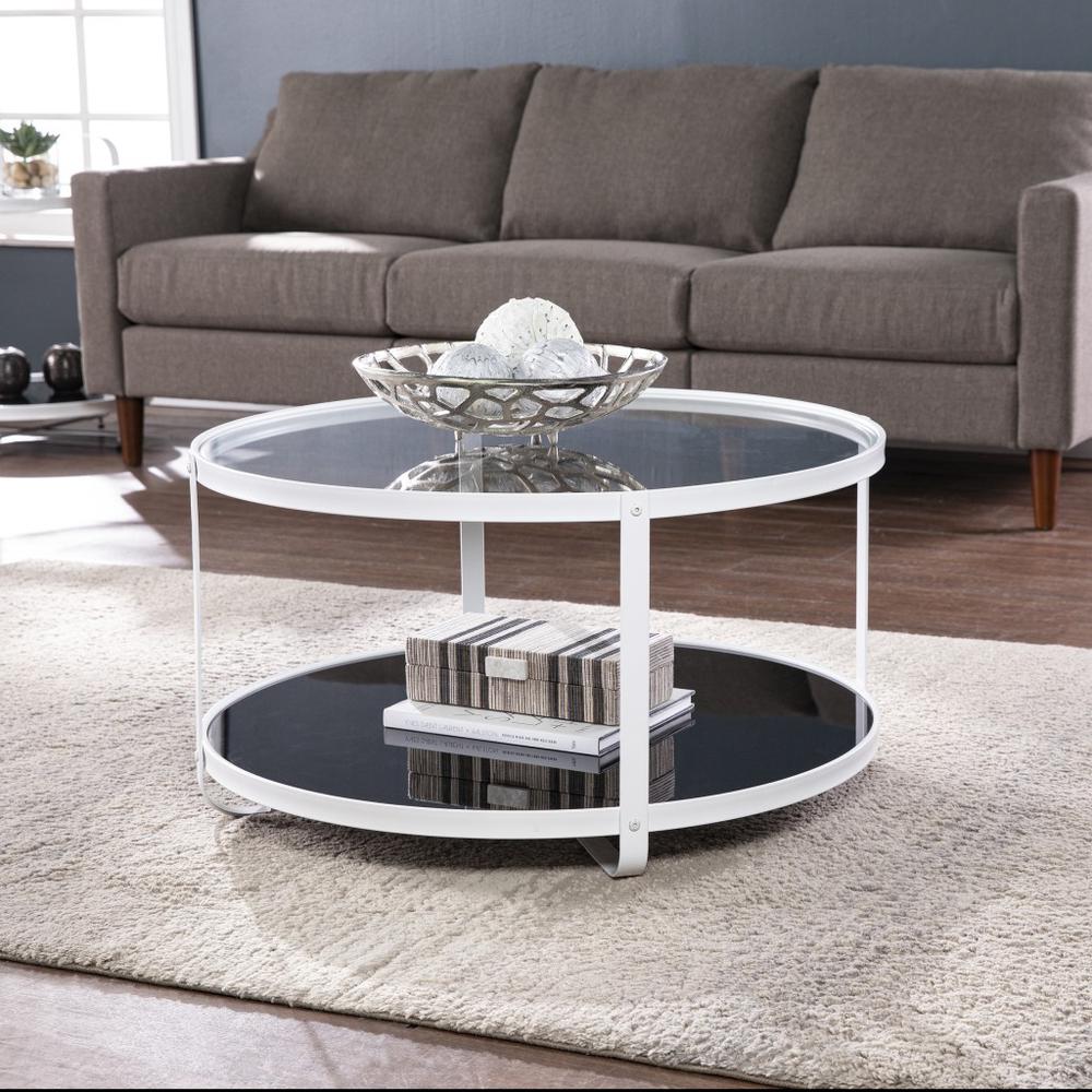 32" White Glass And Metal Two Tier Round Coffee Table. Picture 1