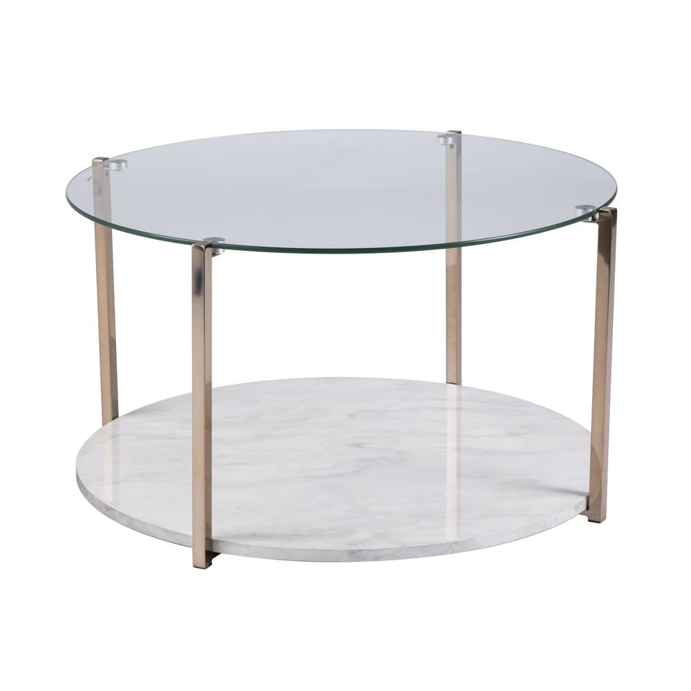 33" Gold Glam Glass And Faux Marble Two Tier Round Coffee Table. Picture 3