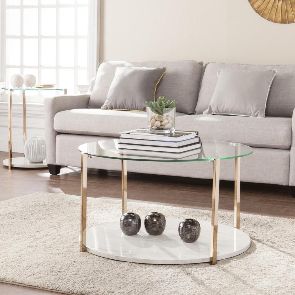 33" Gold Glam Glass And Faux Marble Two Tier Round Coffee Table. Picture 8