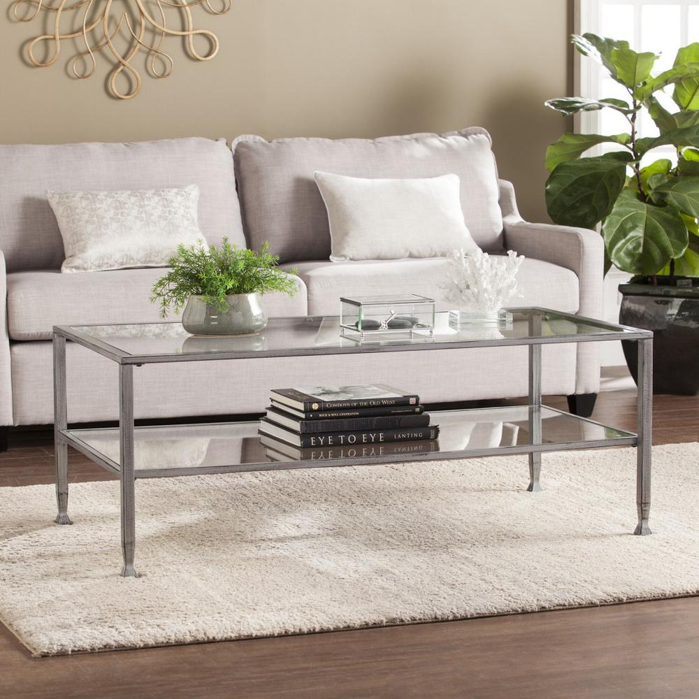 48" Silver Glass And Metal Rectangular Coffee Table. Picture 1