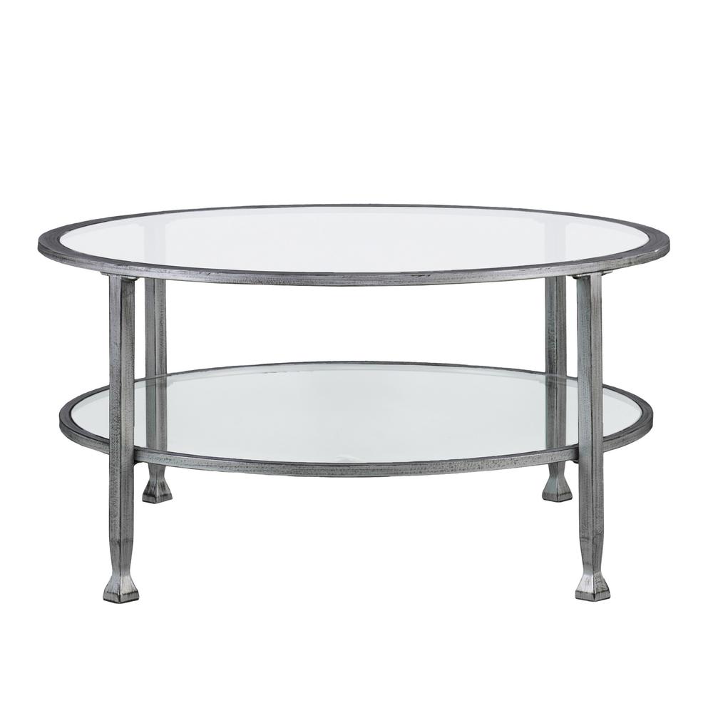 36" Silver Glass And Metal Round Coffee Table. Picture 2