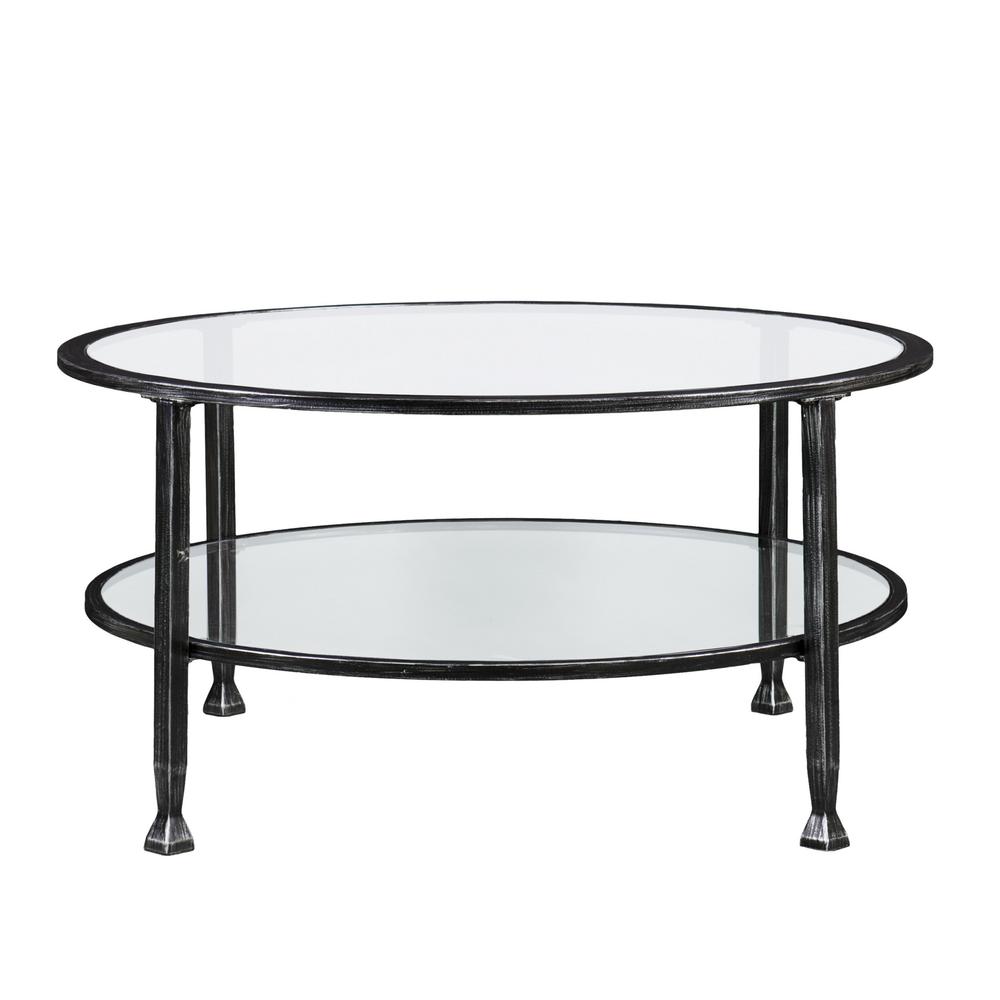 36" Black Glass And Metal Round Coffee Table. Picture 3
