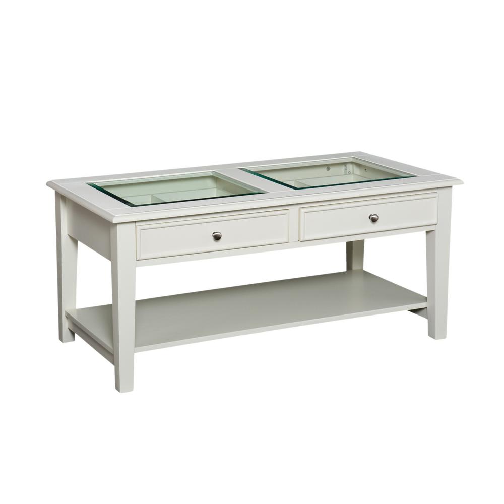 44" Off And White And Off-White Glass And Metal Rectangular Coffee Table. Picture 2