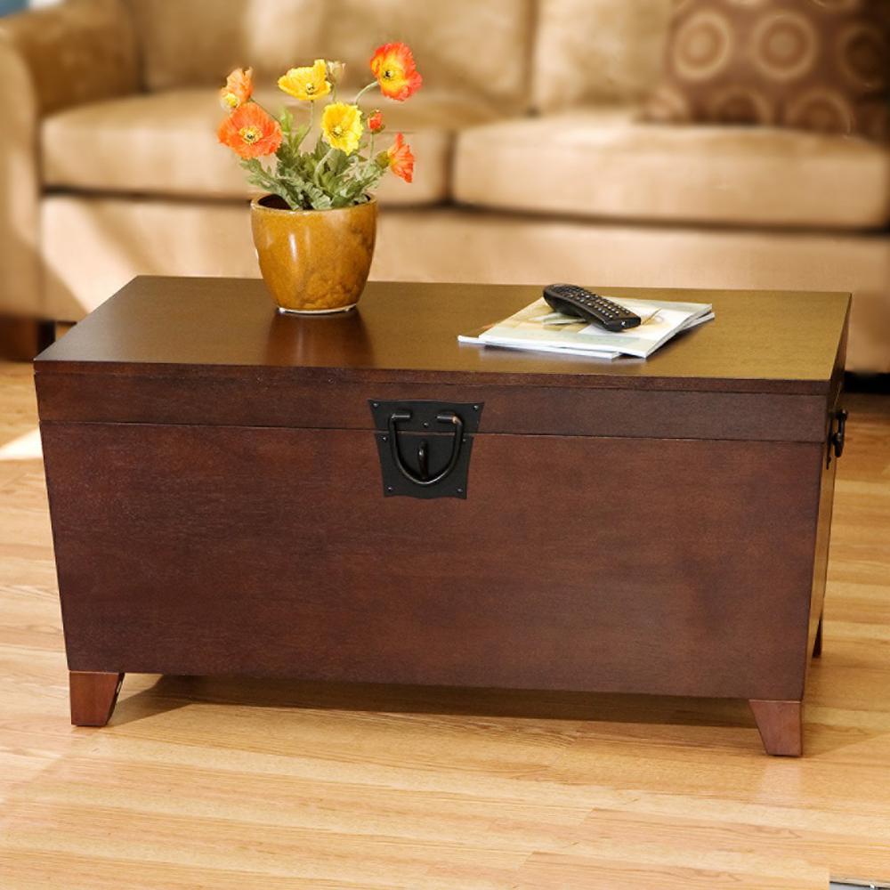 39" Brown Manufactured Wood And Metal Rectangular Coffee Table - Trunk table. Picture 1