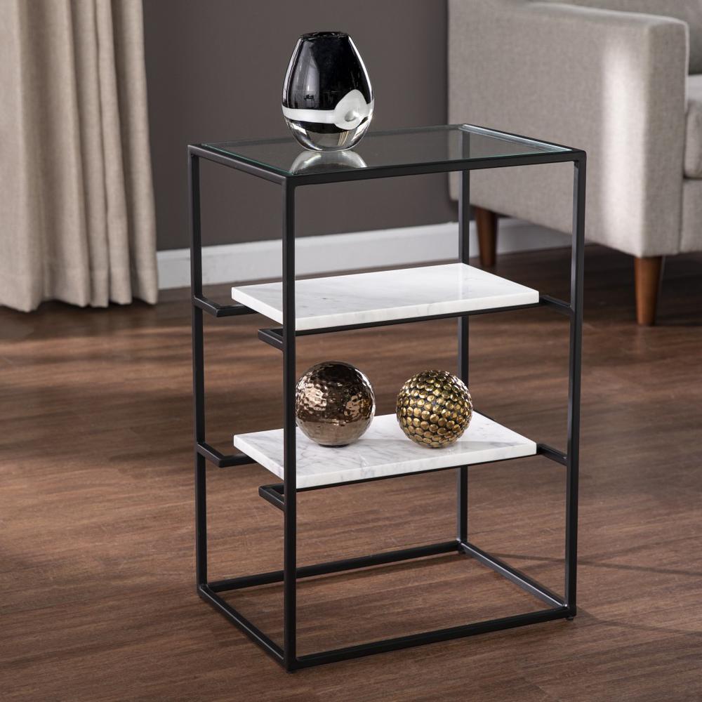 24" Black Glass and Marble Rectangular End Table With Two Shelves. Picture 5