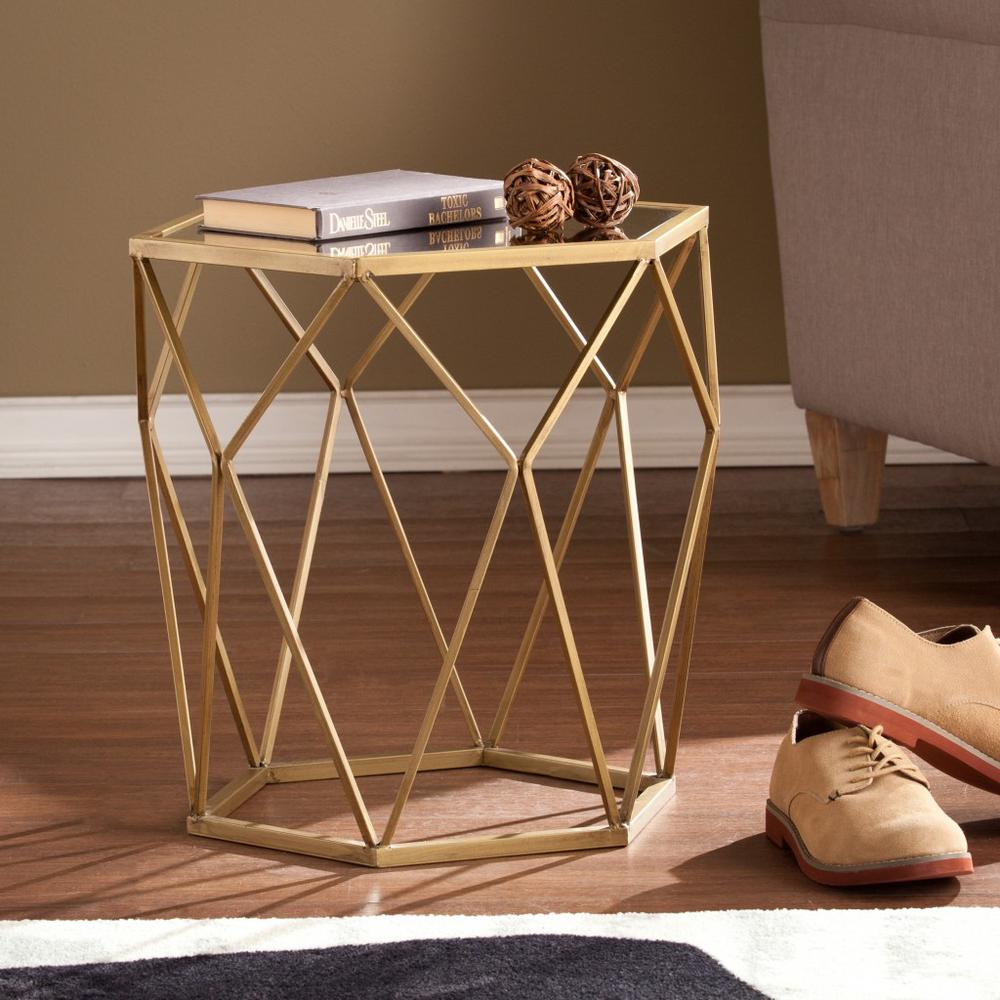 19" Gold And Reflective Glass Hexagon Mirrored End Table. Picture 3