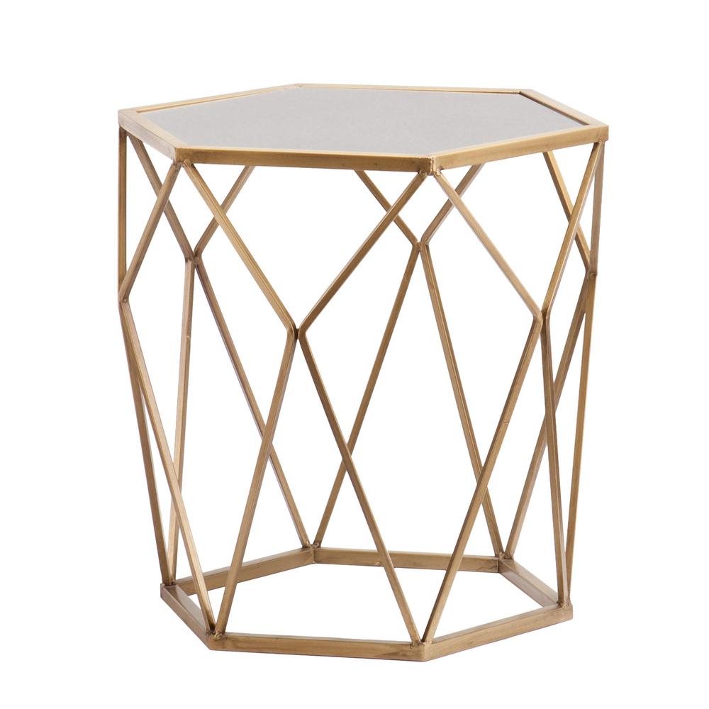 19" Gold And Reflective Glass Hexagon Mirrored End Table. Picture 1