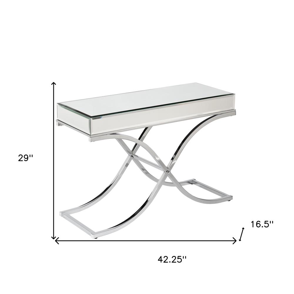 42" Silver Mirrored Glass Cross Leg Console Table. Picture 5
