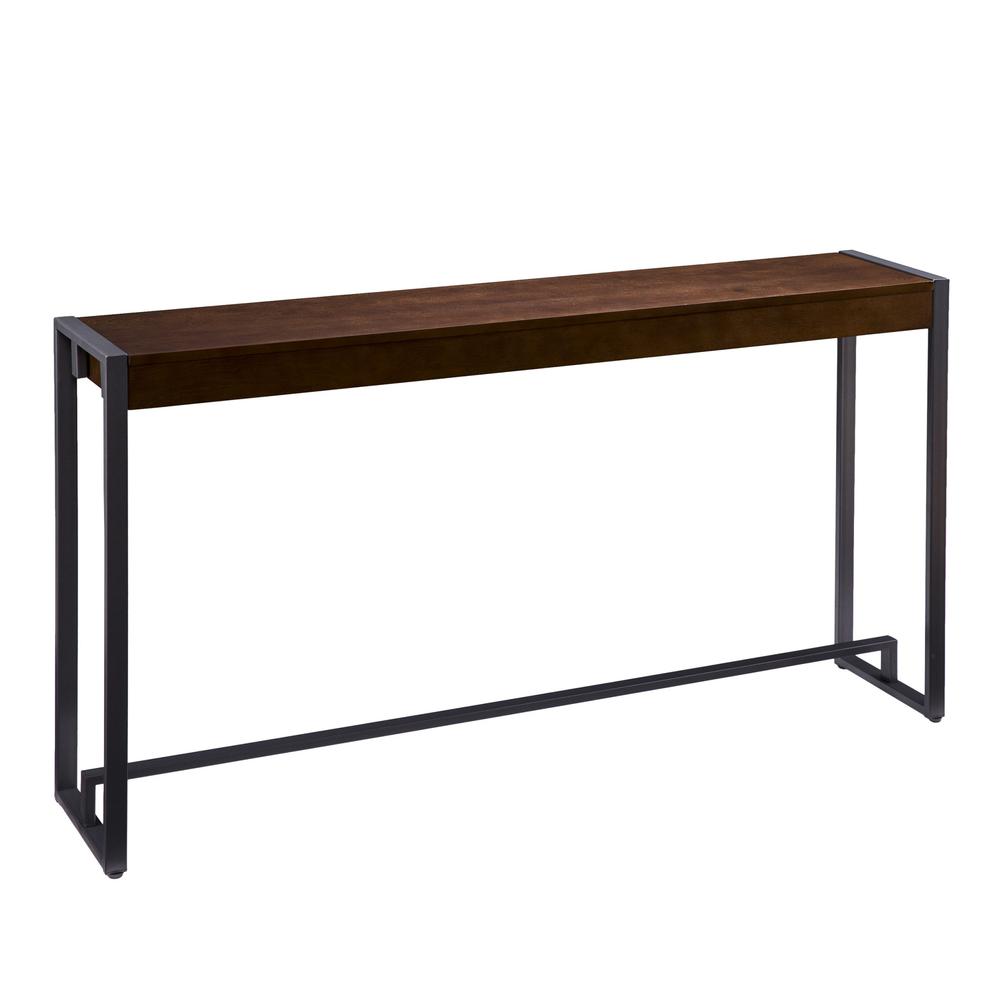 54" Dark Brown and Gunmetal Sled Console Table. Picture 1