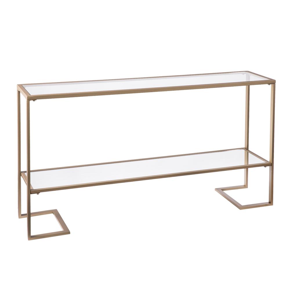 52" Clear and Gold Glass Mirrored Frame Console Table With Storage. Picture 3