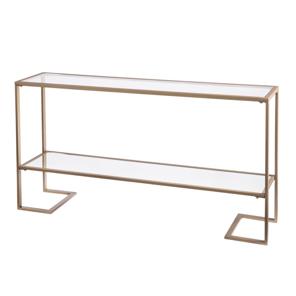 52" Clear and Gold Glass Mirrored Frame Console Table With Storage. Picture 2