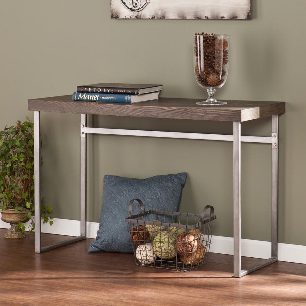 46" Gray Brown and Silver Distressed Sled Console Table. Picture 5