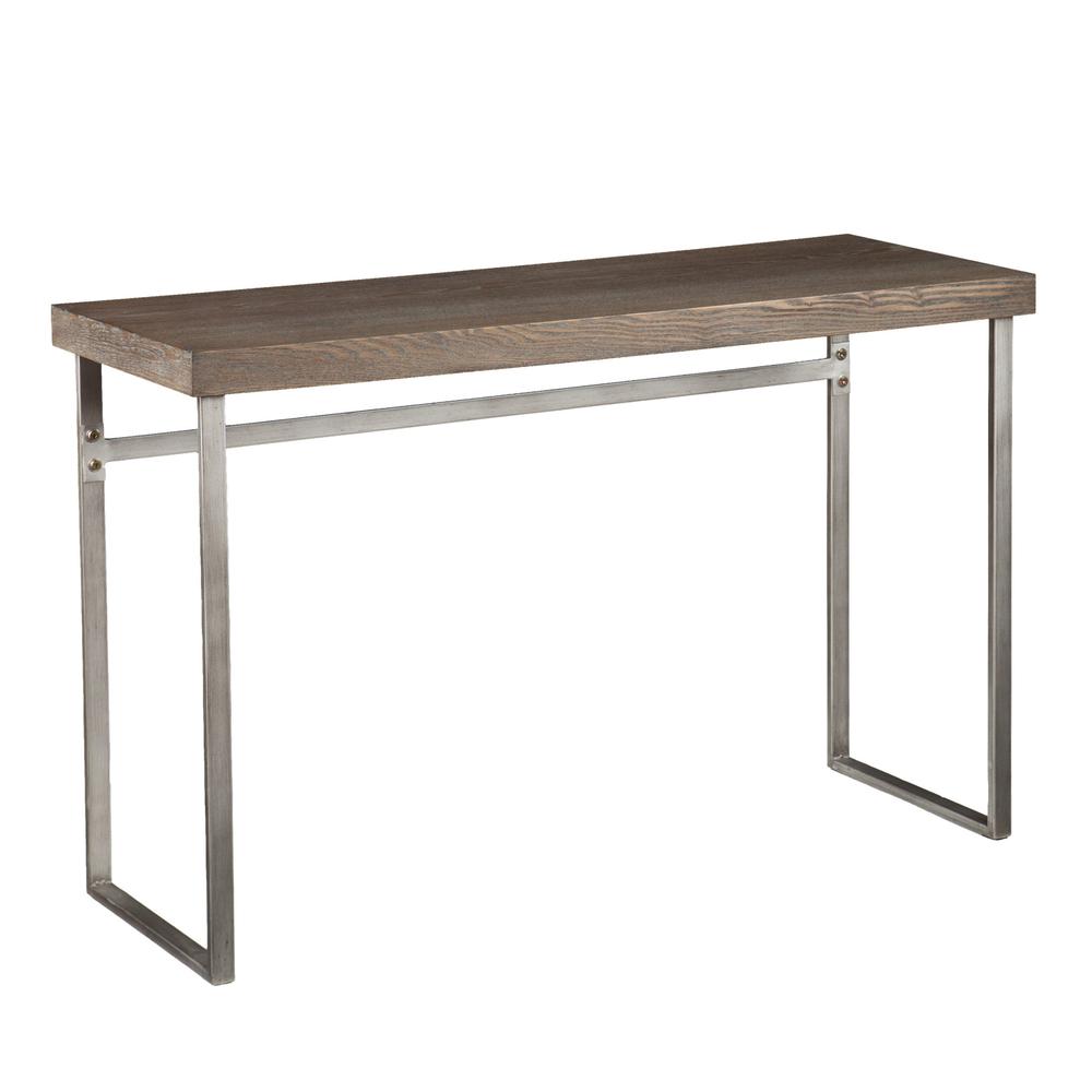 46" Gray Brown and Silver Distressed Sled Console Table. Picture 1