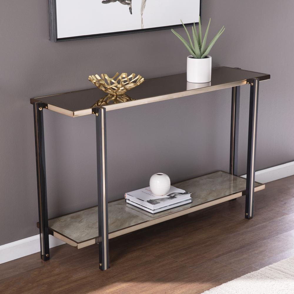 50" Smoky Black and Champagne Glass Mirrored Floor Shelf Console Table. Picture 8