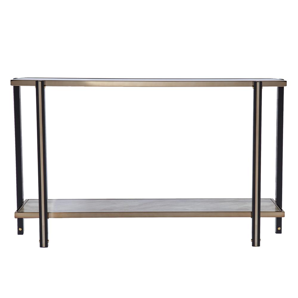 50" Smoky Black and Champagne Glass Mirrored Floor Shelf Console Table. Picture 2
