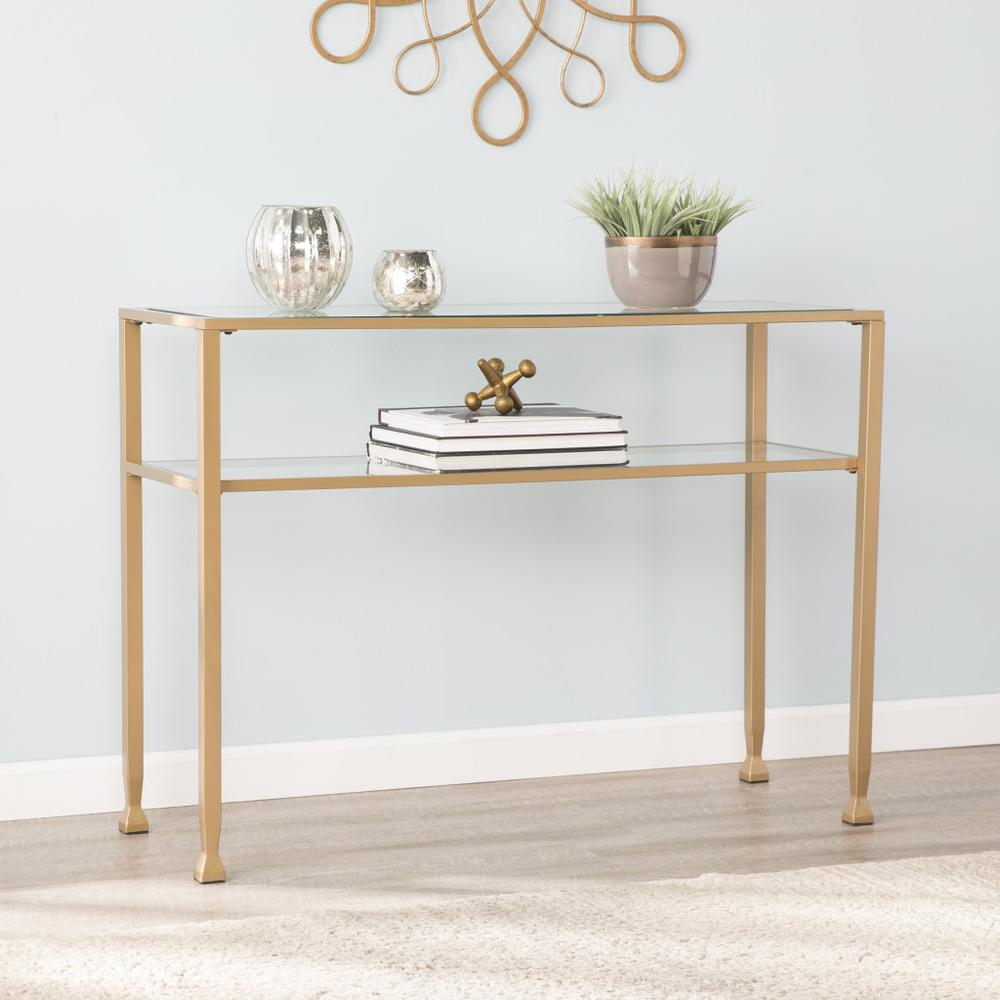 43" Clear and Gold Glass Console Table With Storage. Picture 7
