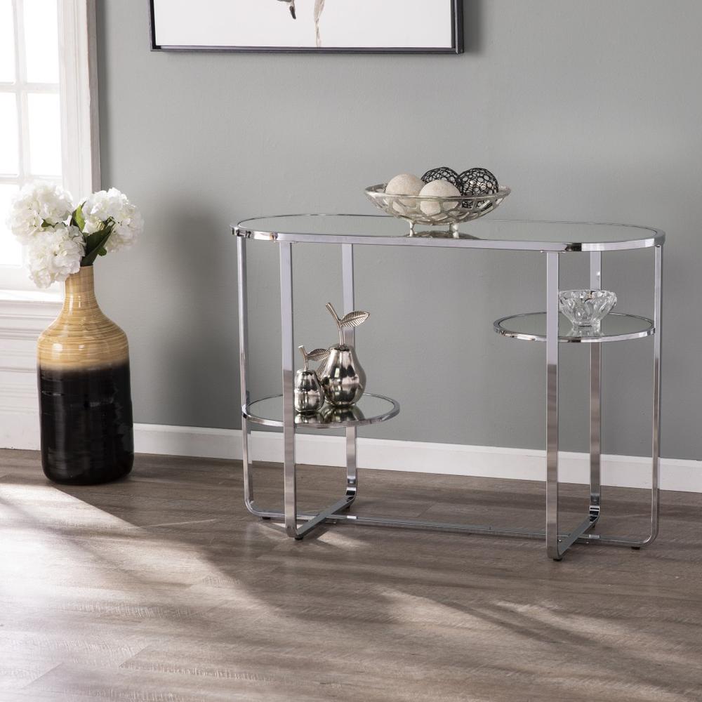 42" Clear and Silver Mirrored Glass Oval Frame Console Table With Storage. Picture 7