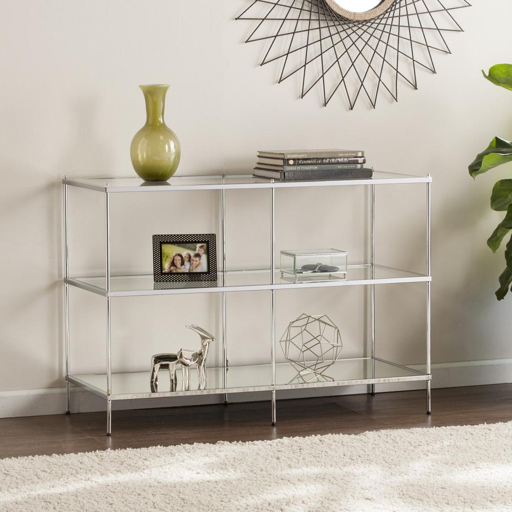 42" Clear and Silver Glass Mirrored Floor Shelf Console Table With Storage. Picture 7