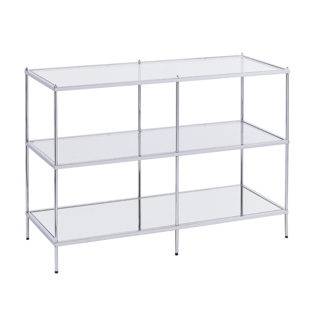 42" Clear and Silver Glass Mirrored Floor Shelf Console Table With Storage. Picture 1
